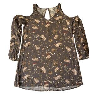 Full Tilt Women Blouse S Brown Floral Rayon V-Neck Pullover Cold Shoulder